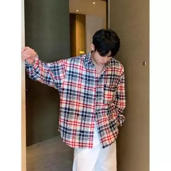2024 Клетчатая рубашка с длинным рукавом в японском стиле Гонконга Ins Свободная рубашка для мальчиков Летнее модное универсальное повседневное пальто M красный