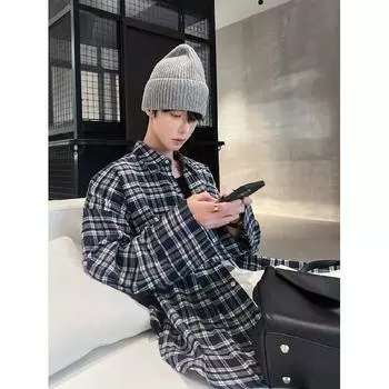 2024 Клетчатая рубашка с длинным рукавом в японском стиле Гонконга Ins Свободная рубашка для мальчиков Летнее модное универсальное повседневное пальто M синий