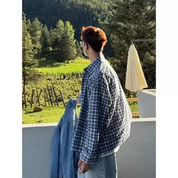 2024 Клетчатая рубашка с длинным рукавом в японском стиле Гонконга Ins Свободная рубашка для мальчиков Летнее модное универсальное повседневное пальто M жёлтый