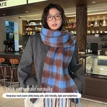 «2024 Клетчатый универсальный шарф: Утепленная шаль для корейской пары на осень/зиму grid чёрный/белый