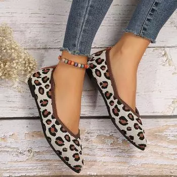 2024 Knitted Ladies Single Shoes Breathable Leopard Print Mesh Pointed Toe Flat Sole Shoes Casual Womens Walking Flats Footwear 37 леопардовый