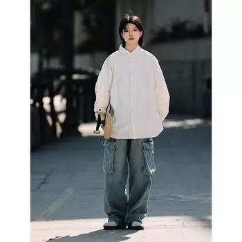 2024 Комбинезон с длинным рукавом, рубашка в японском стиле в гонконгском стиле, свободная рубашка для мальчиков, летнее модное универсальное повседневное пальто M абрикосовый