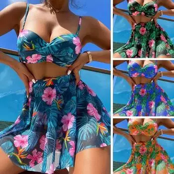 2024 комплект бикини из трех предметов с сеткой и принтом, топ, сексуальный купальник, женский купальник для пляжной вечеринки, купальный костюм, женский S синий