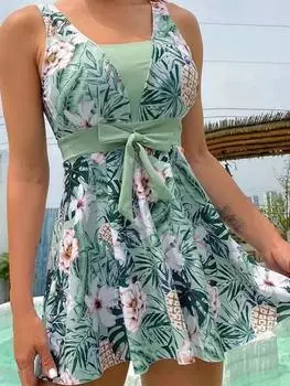 2024 комплект танкини с цветочным принтом, женский купальник из 2 предметов, сексуальный купальник с высокой талией, женский купальный костюм, летняя пляжная одежда S чёрный