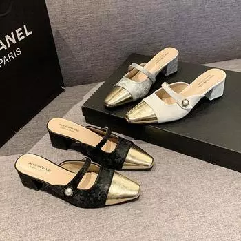 2024 Korean version of spring and summer new new Chinese style splicing bag head half slippers low heel thick heel temperament cool slippers 35 серебряный