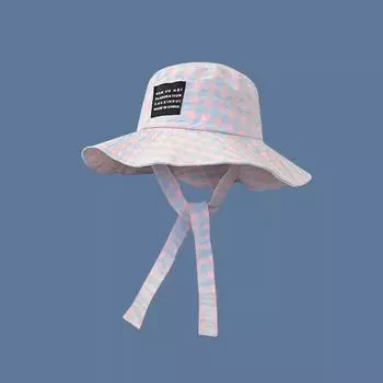 2024 Korean Version Of Tied Plaid Fisherman Hat For Women s Summer Thin Breathable Sun Hat, Versatile Large Brimmed Basin Hat M56-58cm