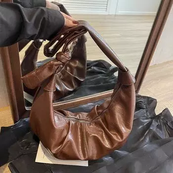 2024 корейская ins большая вместительная ретро мягкая кожаная плиссированная сумка для пельменей ленивый стиль повседневная универсальная сумка через плечо 48*15*18 чёрный