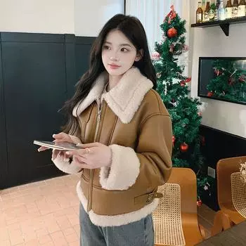 2024 Корейская куртка из меха ягненка, женская зимняя куртка для маленьких мужчин, утолщенная вельветовая куртка-локомотив, пальто с хлопковой подкладкой S коричневый