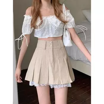 2024 Корейская мода короткая юбка цвета хаки с кружевной отделкой, милые плиссированные юбки, женская летняя мини-юбка на пуговицах в консервативном стиле с высокой талией S бежевый