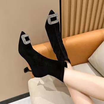 2024 Корейская версия ботильонов со стразами, женские одинарные ботинки, эластичные ботинки, тонкие черные туфли на шпильке, осенние женские ботинки 35 чёрный