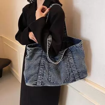 2024 Корейская версия повседневной сумки через плечо большой емкости из ретро-стиранного холста, сумка для покупок, простая и легкая сумка для поездок на работу 48*14*29 светло-синий