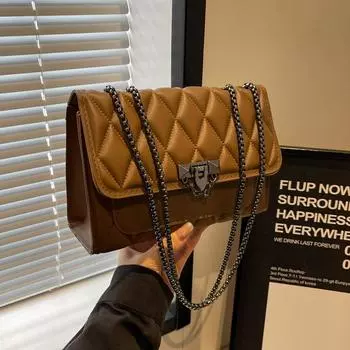 2024 Корейская версия Универсальная сумка через плечо Модная сумка через плечо с ромбовидной цепочкой Простая текстура Замок Маленькая квадратная сумка чёрный