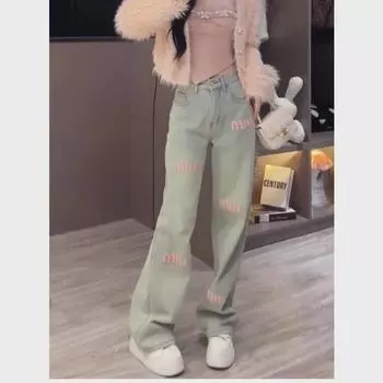 2024 Корейские узкие широкие женские джинсы с высокой талией - Весна/Лето Трендовый Дизайн S светло-синий