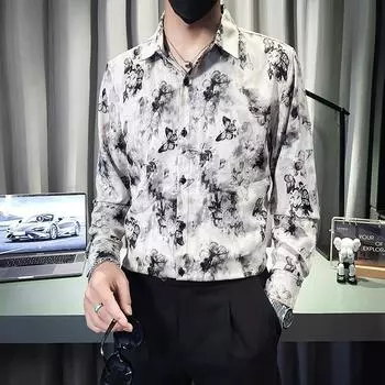 2024 корейский стиль модные рубашки мужские забавные принтованные узоры рубашки мужские повседневные уличные гавайские рубашки мужские пуговицы с длинным рукавом блузка топы M