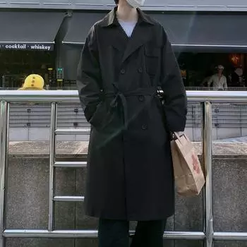 2024 корейский стиль весна-осень тренчкот мужской уличный ветровка тренчкот мужской однотонный деловой повседневный свободный длинный пальто XXL чёрный