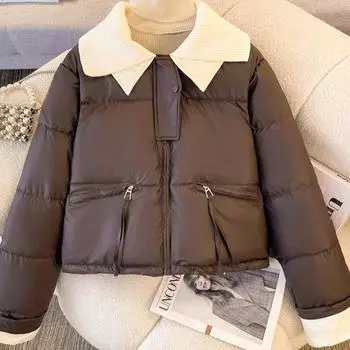 2024 короткая куртка с трикотажным лацканом на пуху с хлопковой подкладкой для женщин, зимняя новая куртка из искусственной кожи с хлопковой подкладкой M белый
