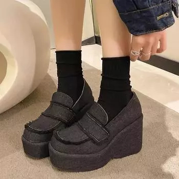 2024 Ковбойские туфли на очень высоком каблуке Женская обувь на танкетке Туфли на платформе 2024 Лето 2024 Платье Неглубокие туфли Трендовые туфли-лодочки Mujer Zapatillas 35 чёрный