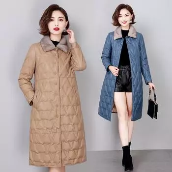 2024 кожаная куртка из овчины, пуховик женский, средний и длинный, большой размер, кожаная куртка с воротником из утолщенного меха норки M [around 95-55 kg]