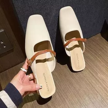 2024 Кожаные мюли с пряжкой на ремне, женские тапочки с квадратным носком, женские наружные туфли без застежек на низком каблуке, домашние сандалии для женщин 5 хаки
