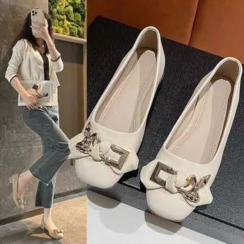 2024 кожаные весенне-осенние балетки ручной работы на низком каблуке, женские лоферы из мягкой кожи, женские туфли на плоской подошве с металлическими пуговицами Q68 38 бежевый