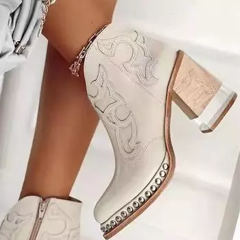 2024 Кожаные женские ботильоны на низком каблуке, классная женская обувь, британский вышитый дизайн, короткие сапоги, обувь для вечеринок, женская обувь 35 чёрный