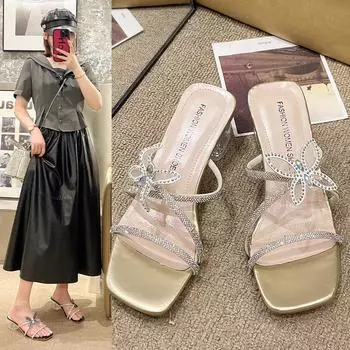 2024 Кристалл Высокий Каблук Тапочки Обувь Женские Открытые Носки Роскошные Сандалии Лето Новый Бренд Шлепанцы Слингбэк Туфли-лодочки Женские 35 бежевый