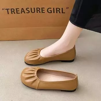 2024 Круглый носок без застежки, плиссированные, декоративные, с плоским дном, с неглубоким горлом, удобные и универсальные, популярные женские туфли-одиночки 35 бежевый