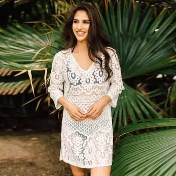 2024 Кружевной пляжный накидка Pareo Beachwear Купальник Cover up Playa Pareo Туники для пляжных купальников One Size белый