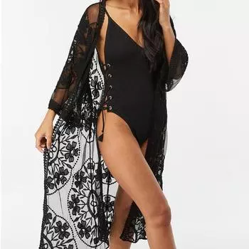 2024 Кружевной пляжный парео пляжная одежда купальник Cover up Playa парео туники для пляжа кимоно купальники One Size чёрный