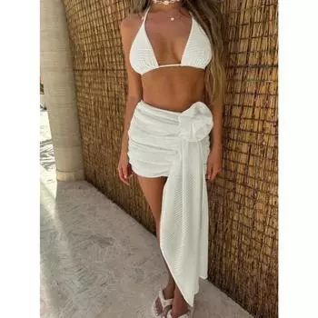 2024 Купальник 3 шт. Набор Цветочный бикини женский купальник на пуговицах с высокой талией купальник пляжная одежда бандо Biquini S белый