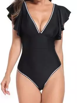 2024 Купальник с оборками, цельный, сексуальный, с бретельками, купальник для женщин, купальный костюм для женщин, летний купальник с открытой спиной, пляжная одежда L чёрный