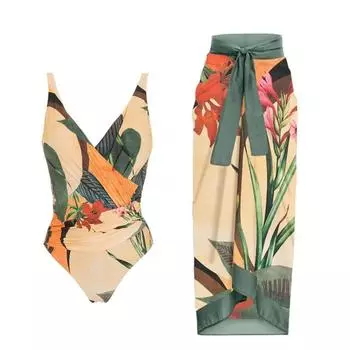 2024 Купальник с открытой спиной и принтом с длинным пляжным платьем для женщин Large