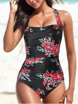 2024 купальник женский бикини взрыв цельный треугольный сексуальный купальник с открытой спиной из двух частей ретро купальник с цветочным принтом S