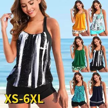 2024 Купальники женские с цветочным принтом комплект из двух предметов танкини женский купальник с леопардовым принтом летний купальник большого размера бикини купальный костюм S чёрный