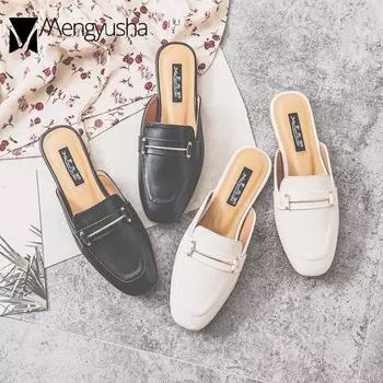 2024 квадратные туфли женские металлические украшения мюли удобные сандалии на плоской подошве слипоны pantufa слайдеры женские кожаные шлепанцы 4.5 бежевый