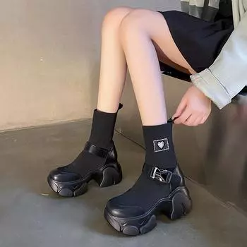 2024 Ladies Platform Mid Boots Autumn and Winter High-sole Breathable Slip-on Knitted Elastic High-heeled Skinny Boots for Women 34 чёрный