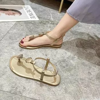 2024 Ladies Shoes Thong Women Sandals Fashion Dress Sandal Women Buckle Strap Metal Decoration Flat with Round Toe Shoes Women 35 чёрный