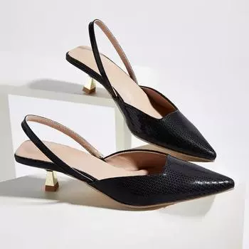 2024 Лакированная кожа на высоком каблуке с острым носком женские туфли-лодочки элегантные босоножки на тонком каблуке для женщин с ремешком сзади без застежек тапочки 35 чёрный