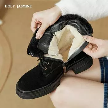 2024 Лаконичные женские зимние ботильоны из качественной коровьей замши, теплые плюшевые туфли на толстом каблуке для женщин, зимние, для офиса, для женщин, для взрослых, новые 34 чёрный