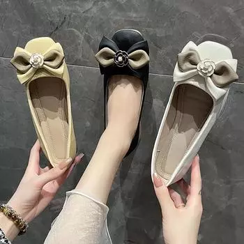 2024 Leather Spring and Autumn Handmade Low Heel Ballet Shoes Women s Loafers Soft Leather Flower Buttons Women s Flat Shoes 35 бежевый