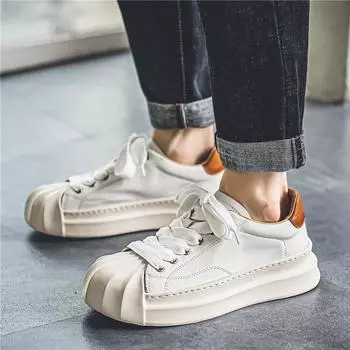 2024 leather thick-soled live broadcast breathable board shoes retro Douyin live broadcast Hong Kong style shell head catwalk tooling shoes 39 чёрный