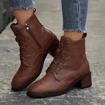 2024 Leather Women Boots HOT SALES Autumn Shoes for Women Winter Handmade Boots Square Toe Chunky Heel Shoes Zapatos Mujer 35 чёрный