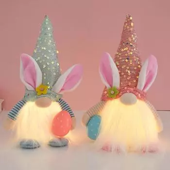2024 LED Glowing Easter Faceless Gnome Rabbit Doll Kids Gift Spring Easter Party Decoration For Home Bunny Egg Ornament Supplies розовый