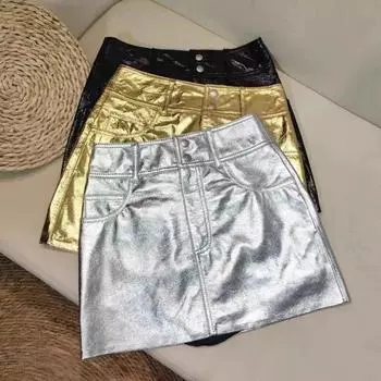 2024 Леди Роскошная кожаная юбка Серебристая женская короткая юбка Весенне-осеннее мини-платье из натуральной овчины S серебряный