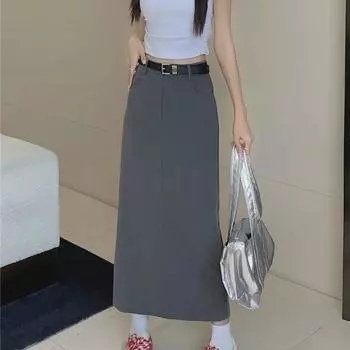 2024 Легкая юбка А-силуэта с высокой талией в зрелом стиле для женщин - летняя узкая юбка с разрезом средней длины 2XL
