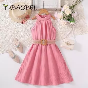 2024 летнее детское розовое платье принцессы без рукавов с лямкой на шее, длинное платье на бретельках, платья для девочек-подростков с поясом 4Y розовый