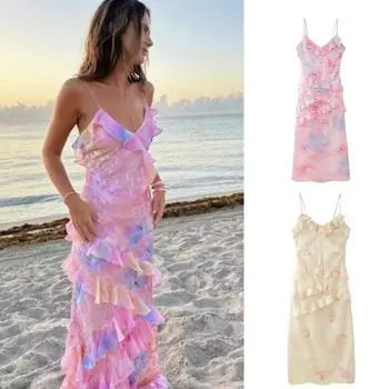 2024 летнее новое модное сексуальное длинное платье с принтом на подтяжках и открытой спиной на шнуровке нестандартной формы с рюшами для женщин S жёлтый