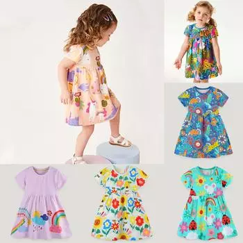 2024 летнее новое платье для девочек, платье принцессы с мультяшным животным принтом, пуловер с круглым вырезом, вязаное хлопковое детское платье с короткими рукавами 80
