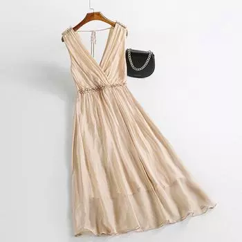 2024 летнее новое платье из тяжелого шелка, женское, средней и длинной длины, без рукавов, высококачественное тонкое длинное платье из шелка тутового дерева, волосы OL S белый