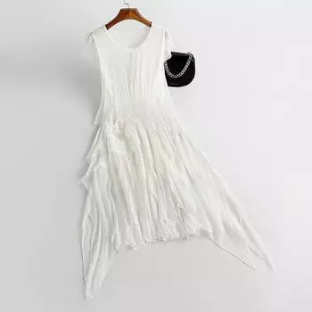 2024 летнее новое шелковое платье женское с грибковым краем нерегулярная юбка повседневное среднее и длинное пляжное платье волосы S белый